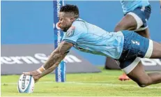  ?? Picture: ANTON GEYSER/GALLO IMAGES ?? NEW START: Wandisile Simelane of the Bulls scores a try during the URC match against the Lions at Loftus in March last year. There are high hopes his new start at Stormers will boost his career