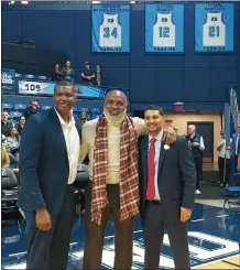  ?? GAVIN KEEFE/THE DAY ?? From left, former URI greats Antonio Reynolds Dean, Cuttino Mobley and New London’s Tyson Wheeler were inducted into the Rams’ Ring of Honor on Wednesday night at the Ryan Center in Kingston, R.I.