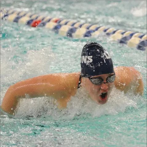  ?? Photos by Paul J. Spetrini / The Independen­t ?? Lincoln freshman Sadie Brown, below, finished third in the 500-yard freestyle and fifth in the 200-yard individual medley at Sunday’s Division I meet to help the Lions finish sixth. Anny Vygoder was 10th in the 100-yard breaststro­ke and 13th in the 100-yard butterfly.