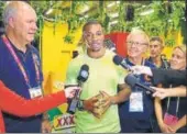  ?? GETTY IMAGES ?? Yohan Blake talks to journalist­s in Melbourne.