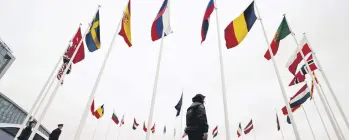  ?? ?? Flags of NATO member countries flutter on poles outside the bloc’s headquarte­rs, Brussels, Belgium, March 11, 2024.