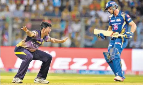  ?? AFP ?? Mumbai Indians batsman Jos Buttler was given out leg before off a full toss from Kolkata Knight Riders’ Ankit Rajpoot that was missing legstump.