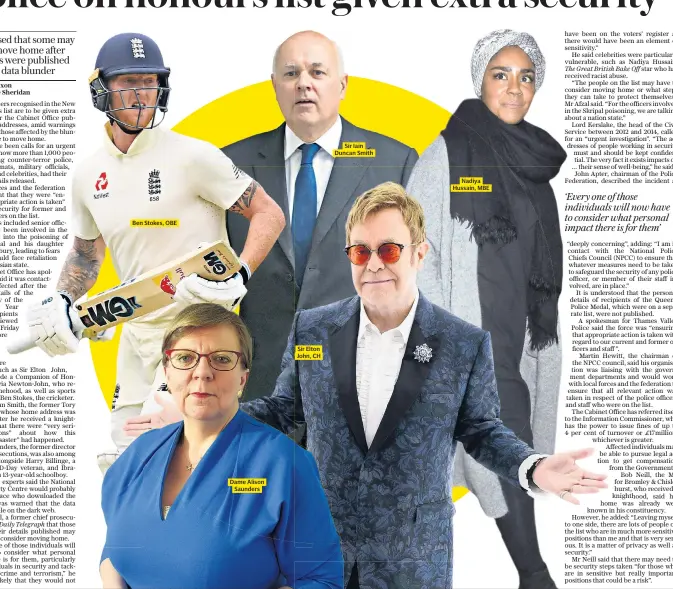  ??  ?? Ben Stokes, OBE
Dame Alison Saunders
Sir Elton John, CH
Sir Iain Duncan Smith
Nadiya Hussain, MBE