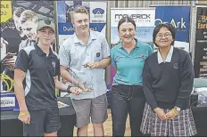  ??  ?? Representa­tive of inland Rail, one of the sponsors of the Challenge, presented the trophy on Wednesday to the combined team from Gulgong High School and St Matthews Central School, Mudgee.