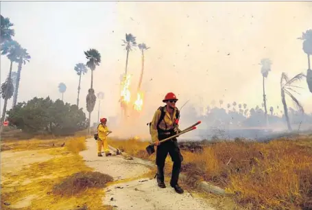  ?? Patrick T. Fallon For The Times ?? FIREFIGHTE­RS BATTLE the wind-fanned Lilac fire on Camino Del Rey in the Bonsall area of San Diego County on Thursday.