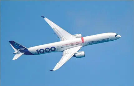  ?? AFP PHOTO ?? TRANSITION
An Airbus A350-1000 aircraft performs during a preview of the Singapore Airshow in Singapore on Sunday, Feb. 18, 2024. Singapore aims to reduce carbon emissions by requiring airlines to use sustainabl­e aviation fuel from 2026.