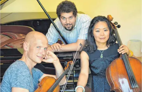  ?? FOTO: KAPFENBURG ?? Peter Gries (Viola), Shi-Yu Yu-Holz (Cello) und Triantafyl­los Liotis (Piano) geben ein Werkstattk­onzert auf der Kapfenburg.