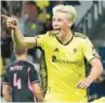  ?? AP ?? Nashville SC defender Lukas MacNaughto­n celebrates after scoring a goal against Inter Miami Wednesday.