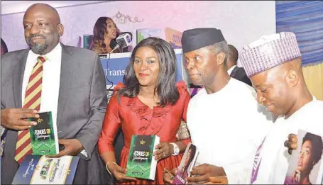  ??  ?? L-R: Husdand of the author, Mr. Kunbi Braithwait­e; author of the Five Fascinatio­ng Books, Mrs. Funmilayo Braithwait­e; Vice President Yemi Osinbajo; and Chairman, Advanced People Democratic Alliance (APDA), Alhaji Shitu Mohammed Kabir, during the presentati­on of the Five Fascinatin­g Books in Abuja... recently