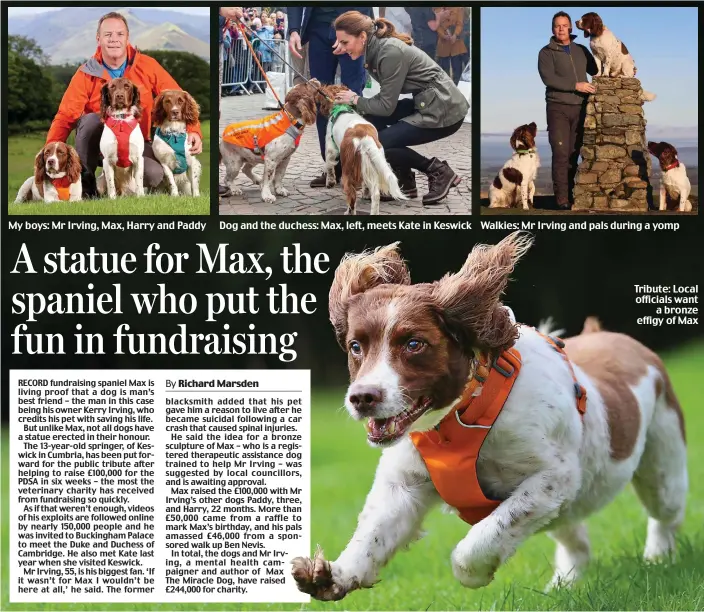  ??  ?? My boys: Mr Irving, Max, Harry and Paddy
Dog and the duchess: Max, left, meets Kate in Keswick
Walkies: Mr Irving and pals during a yomp
Tribute: Local officials want a bronze effigy of Max