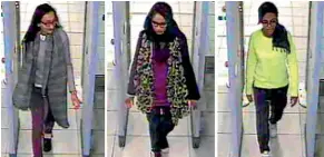  ??  ?? Kadiza Sultana, left, Shamima Begum, centre, and Amira Abase go through security at Gatwick airport, south England, before catching their flight to Turkey in 2015.