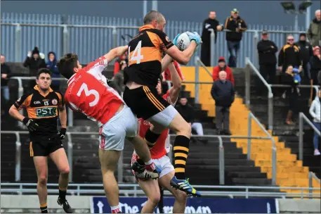  ??  ?? Kieran Donaghy displays his aerial domination for Austin Stacks despite pressure from West Kerry’s Cathal Ó Lúing and Cian Ó Murchú during the County SFC quarter-final in Austin Stack Park, Tralee last Saturday.