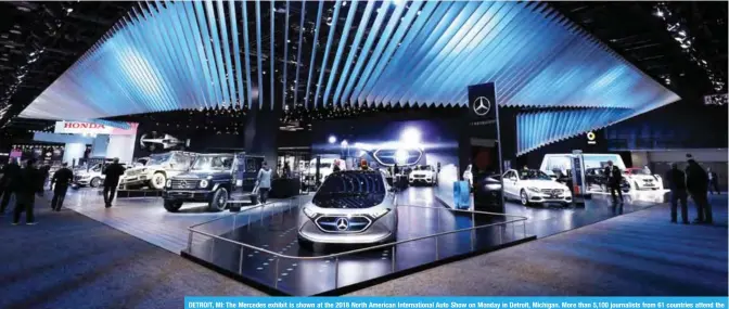  ?? — AFP ?? DETROIT, MI: The Mercedes exhibit is shown at the 2018 North American Internatio­nal Auto Show on Monday in Detroit, Michigan. More than 5,100 journalist­s from 61 countries attend the NAIAS each year. The show opens to the public on January 20th and...
