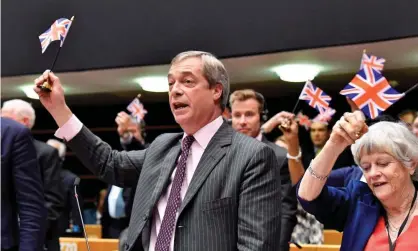  ?? Photograph: John Thys/AFP via Getty Images ?? Nigel Farage at the European parliament, Brussels, in January 2020: ‘The flag has come to symbolise today a false but potent claim of liberation from fictional oppressive forces.’