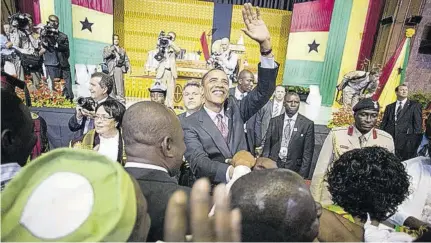  ??  ?? President Barack Obama greets spectators after speaking to the Parliament of Ghana in Accra on July 11, 2009. He gets a rapturous reception from locals the following day as America’s first black president visiting a country south of the Sahara.