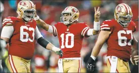  ?? JOSIE LEPE — STAFF PHOTOGRAPH­ER ?? Jimmy Garoppolo (10) on Sunday will become the third quarterbac­k to start this season under 49ers coach Kyle Shanahan.