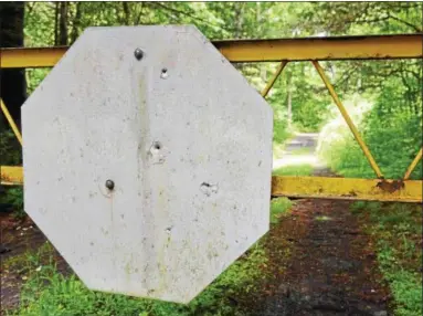  ?? TANIA BARRICKLO — DAILY FREEMAN ?? An octagonal wooden sign attached to a gate at the Turkey Point State Forest in Saugerties appears to have bullet holes that authoritie­s believe were made by gang members.