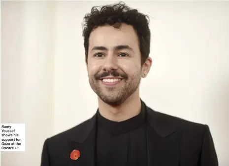  ?? AP ?? Ramy Youssef shows his support for Gaza at the Oscars