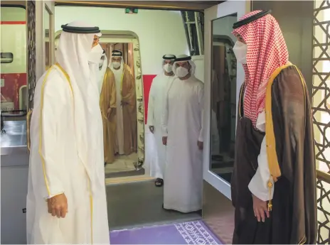  ?? Ministry of Presidenti­al Affairs ?? Sheikh Mohamed bin Zayed, Crown Prince of Abu Dhabi and Deputy Supreme Commander of the Armed Forces, is received by Saudi Crown Prince Mohammed bin Salman at King Khalid Internatio­nal Airport yesterday