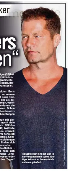  ??  ?? Til Schweiger (57) hat sich in der Vergangenh­eit schon häufiger kritisch zu Corona-Maßnahmen geäußert.