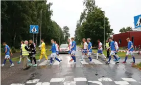  ?? Photograph: KFUM ?? Before matches at the KFUM Arena, teams have to cross a zebra crossing from the dressing rooms to the 3,000 capacity stadium.