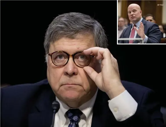  ?? AP FILE ?? NEW ARM OF THE LAW: William Barr was confirmed Thursday as attorney general, succeeding Jeff Sessions, below, who was pushed out of office last year by President Trump. Matthew Whitaker, inset above, has been the acting AG.