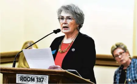  ?? THOM BRIDGE/INDEPENDEN­T RECORD ?? Montana state Rep. Sharon Greef, the sponsor of a bill banning telemedici­ne abortions, speaks in January at the State Capitol in Helena. Greef has called medication abortions“the Wild West of the abortion industry.”