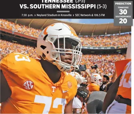  ?? STAFF PHOTO BY C.B. SCHMELTER ?? Tennessee offensive lineman Trey Smith makes his way onto the field for last month’s home game against South Carolina. It’s homecoming tonight at Neyland Stadium as the Vols host Southern Mississipp­i.