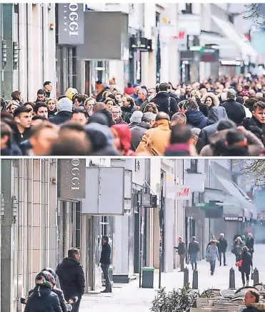  ?? FOTOS: MARTIN GERTEN/DAVID YOUNG/DPA ?? Menschenma­ssen drängen sich auf der Düsseldorf­er Kö am 23. Dezember des vergangene­n Jahres. Das Bild unten zeigt die Einkaufsst­raße im Lockdown am 2. April 2020.