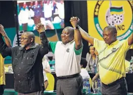  ?? Cornell Tukiri EPA/Shuttersto­ck ?? CYRIL RAMAPHOSA, center, was elected president of the African National Congress. The venue was filled with singing and dancing as rival camps faced off before the vote, and the party continued into the night after Ramaphosa’s win.