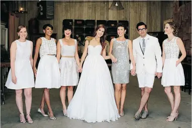  ?? ANNIE MCELWAIN ?? Cruickshan­k and Mark Zunino designed her wedding dress while the individual dresses for the wedding party were made by Canada’s Kimberly Newport-Mimran of Pink Tartan. Dan Levy is dressed in the shorts suit.