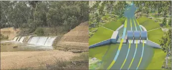  ?? PHOTO/IMAGE: STATE WATER NSW ?? These photos show the current state of the Gin Gin Weir and an artist impression of what the state government wants a new weir wall to look like.