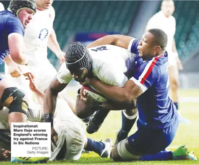  ?? PICTURE: Getty Images ?? Inspiratio­nal: Maro Itoje scores England’s winning try against France in Six Nations