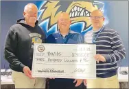  ?? Submitted Photo ?? Steve Mitchael (left), owner of 72 West, presents a check for $300 for the Bentonvill­e West High School dance and cheer program. Shown receiving the donation are Brooke Brewer, BWHS dance and cheer coach, and BWHS principal Jonathon Guthrie.