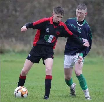  ??  ?? John O’Sullivan of Forth Celtic closes in on Tadgh Healy of Bridge Rovers during their Youths Division 1 game.