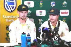  ??  ?? This video grab taken from a footage released by AFP TV shows Australia’s captain Steve Smith (right), flankled by teammate Cameron Bancroft, speaking during a press conference in Cape Town as he admitted to ball-tampering during the third Test against...