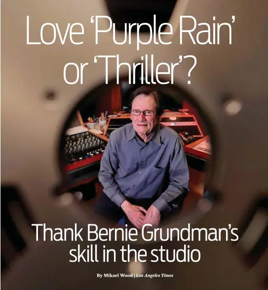  ??  ?? Bernie Grundman, a veteran mastering engineer, is viewed through a master tape in his studio at Bernie Grundman Mastering in Hollywood Friday, Oct. 13, Allen J. Schaben/Los Angeles Times