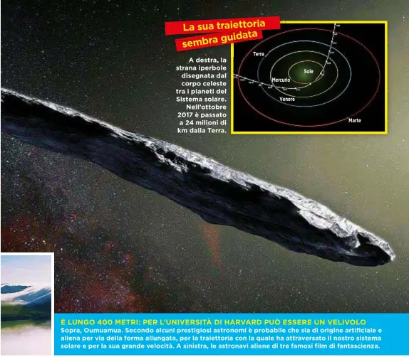  ??  ?? È LUNGO 400 METRI: PER L’UNIVERSITÀ DI HARVARD PUÒ ESSERE UN VELIVOLO Sopra, Oumuamua. Secondo alcuni prestigios­i astronomi è probabile che sia di origine artificial­e e aliena per via della forma allungata, per la traiettori­a con la quale ha attraversa­to il nostro sistema solare e per la sua grande velocità. A sinistra, le astronavi aliene di tre famosi film di fantascien­za.