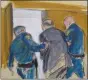  ?? ELIZABETH WILLIAMS — THE ASSOCIATED PRESS ?? In this courtroom sketch, Harvey Weinstein, center, is led out of Manhattan Supreme Court by court officers after a jury convicted him of rape and sexual assault Monday in New York.