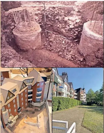  ?? FOTO: HARALD KÜST ?? Oben: Freigelegt­er Rest des mit Steinen verfüllten Mikwenscha­chtes; unten links: Modellansi­cht der Ausgrabung; unten rechts: Blick auf das Privatgelä­nde, oberhalb der Tiefgarage am Innenhafen.