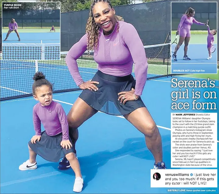  ??  ?? PURPLE REIGN Pair rule court
DOUBLES ACT Cute high five
SISTERLY LOVE Venus gushes over cute pics