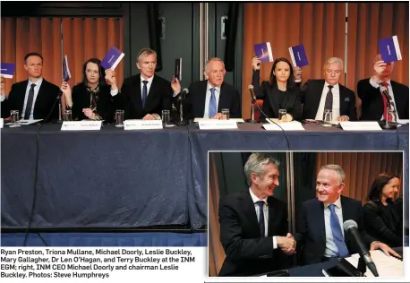  ?? Photos: Steve Humphreys ?? Ryan Preston, Triona Mullane, Michael Doorly, Leslie Buckley, Mary Gallagher, Dr Len O’Hagan, and Terry Buckley at the INM EGM; right, INM CEO Michael Doorly and chairman Leslie Buckley.