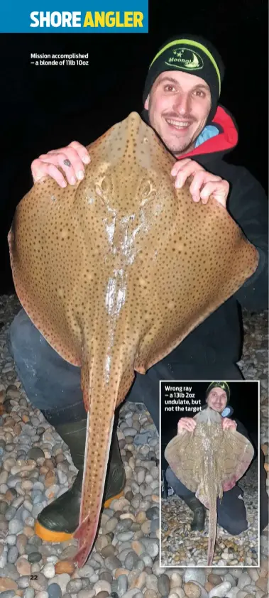  ??  ?? Mission accomplish­ed – a blonde of 11lb 10oz
Wrong ray
– a 13lb 2oz undulate, but not the target