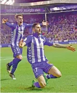  ?? — AP ?? Alaves’ Edgar Mendez (right) celebrates with Iabi Gomez after scoring against Celta in their Copa del Rey semi-final against Celta Vigo in Vitoria on Wednesday. Alaves won 1-0.