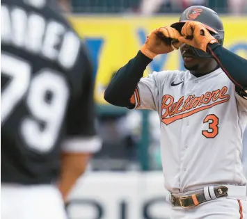  ?? NAM Y. HUH/AP ?? Baltimore Orioles’ Jorge Mateo, right, reacts after hitting a double during the fifth inning against the Chicago White Sox on Saturday,