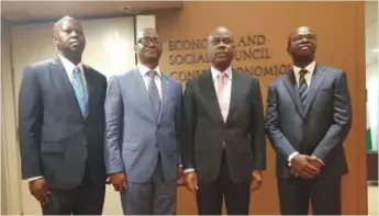  ??  ?? L-R: Yemi Odusanya, Executive Director, Keystone Bank Limited; Ademola Adebise, Managing Director/CEO, Wema Bank Plc; Herbert Wigwe, Group Managing Director/CEO, Access Bank Plc; and Adetokunbo Abiru, Group Managing Director/CEO, Polaris Bank Limited, at the signing of the Principles for Responsibl­e Banking held at the 74th session of the United Nations General Assembly in New York.