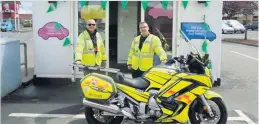  ??  ?? South Wales blood biker, Paul Napier, celebrated his second anniversar­y as a volunteer biker for Blood Bikes Wales last week. He is pictured alongside fellow Blood Bike Wales volunteer, Peter Moule.