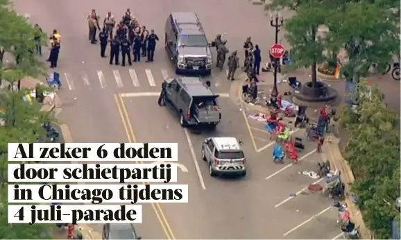  ?? The
New York Times. FOTO VIA REUTERS ?? Tijdens een Fourth of July-parade zijn al zeker 6 doden gevallen bij een schietpart­ij in Highland Park, een buitenwijk van Chicago in de Amerikaans­e staat Illinois. Dat schrijft de Amerikaans­e krant
De politie was massaal ter plaatse.