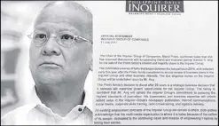  ??  ?? Ramon S. Ang and the Inquirer announceme­nt: Signed, sealed, not delivered.