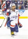  ?? Kirk Irwin / Getty Images ?? Washington’s Alex Ovechkin celebrates his third-period goal against Columbus.